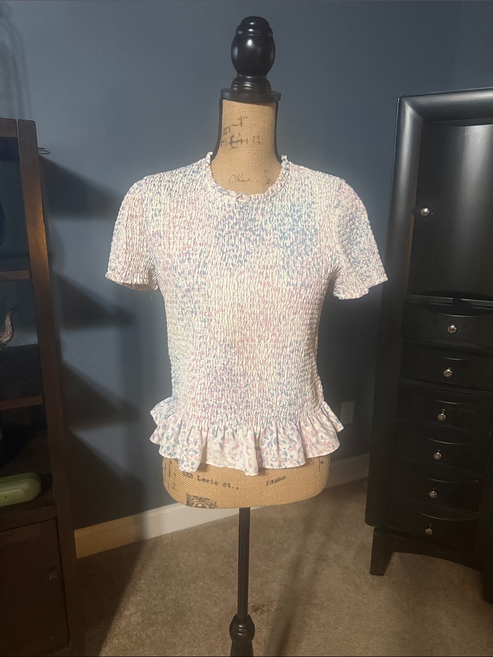 Express Pastel Multicolor Smocked Peplum Short Sleeve Top
